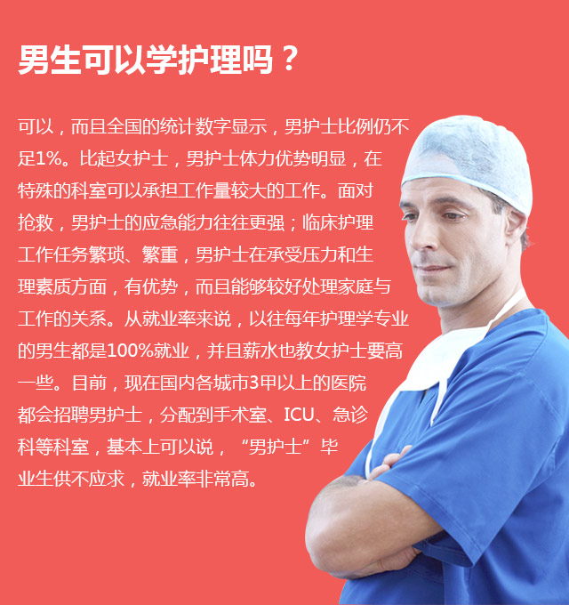 男生可以學護理嗎?可以，而且全國的統(tǒng)計數(shù)字顯示，男護士比例仍不足1%。比起女護士，男護士體力優(yōu)勢明顯，在特殊的科室可以承擔工作量較大的工作。面對搶救，男護士的應急能力往往更強;臨床護理工作任務繁瑣、繁重，男護士在承受壓力和生理素質(zhì)方面，有優(yōu)勢，而且能夠較好處理家庭與工作的關系。從就業(yè)率來說，以往每年護理學專業(yè)的男生都是100%就業(yè)，并且薪水也教女護士要高—些。目前，現(xiàn)在國內(nèi)各城市3甲以上的醫(yī)院都會招聘男護士，分配到手術室、ICU、急診科等科室，基本上可以說，“男護士”畢業(yè)生供不應求，就業(yè)率非常高。